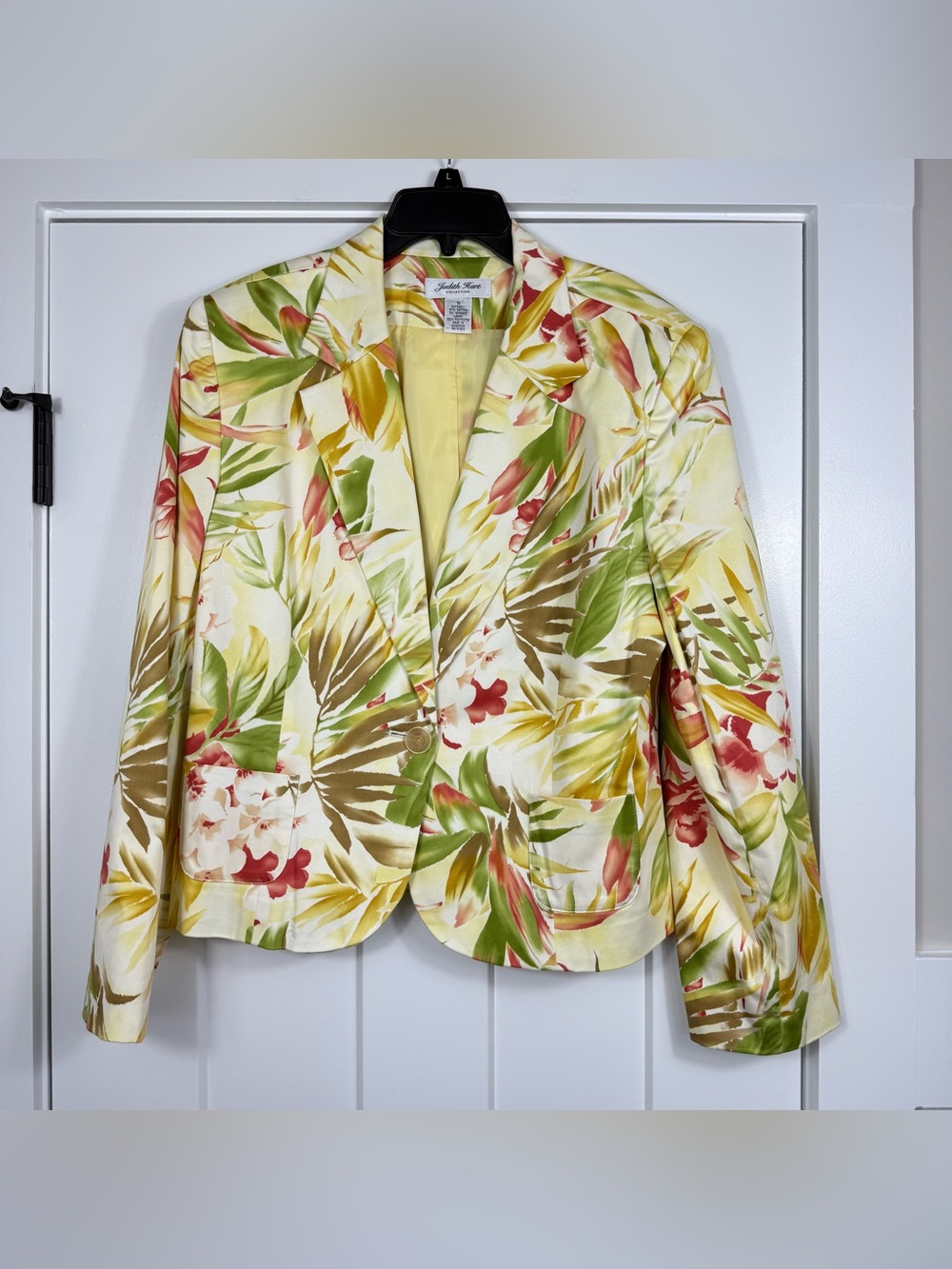 Vintage Judith Hart Tropics Floral Blazer Cotton Blend Yellow Green Women 16